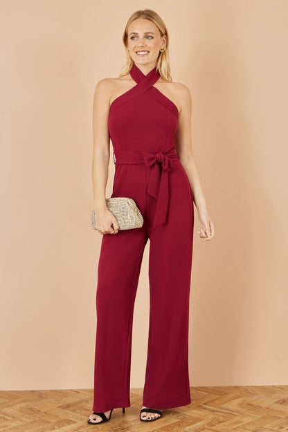 Yumi Burgundy Cross Over Halter Neck Jumpsuit