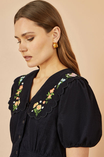 Yumi Black Long Sleeve Midi Dress With Floral Embroidery