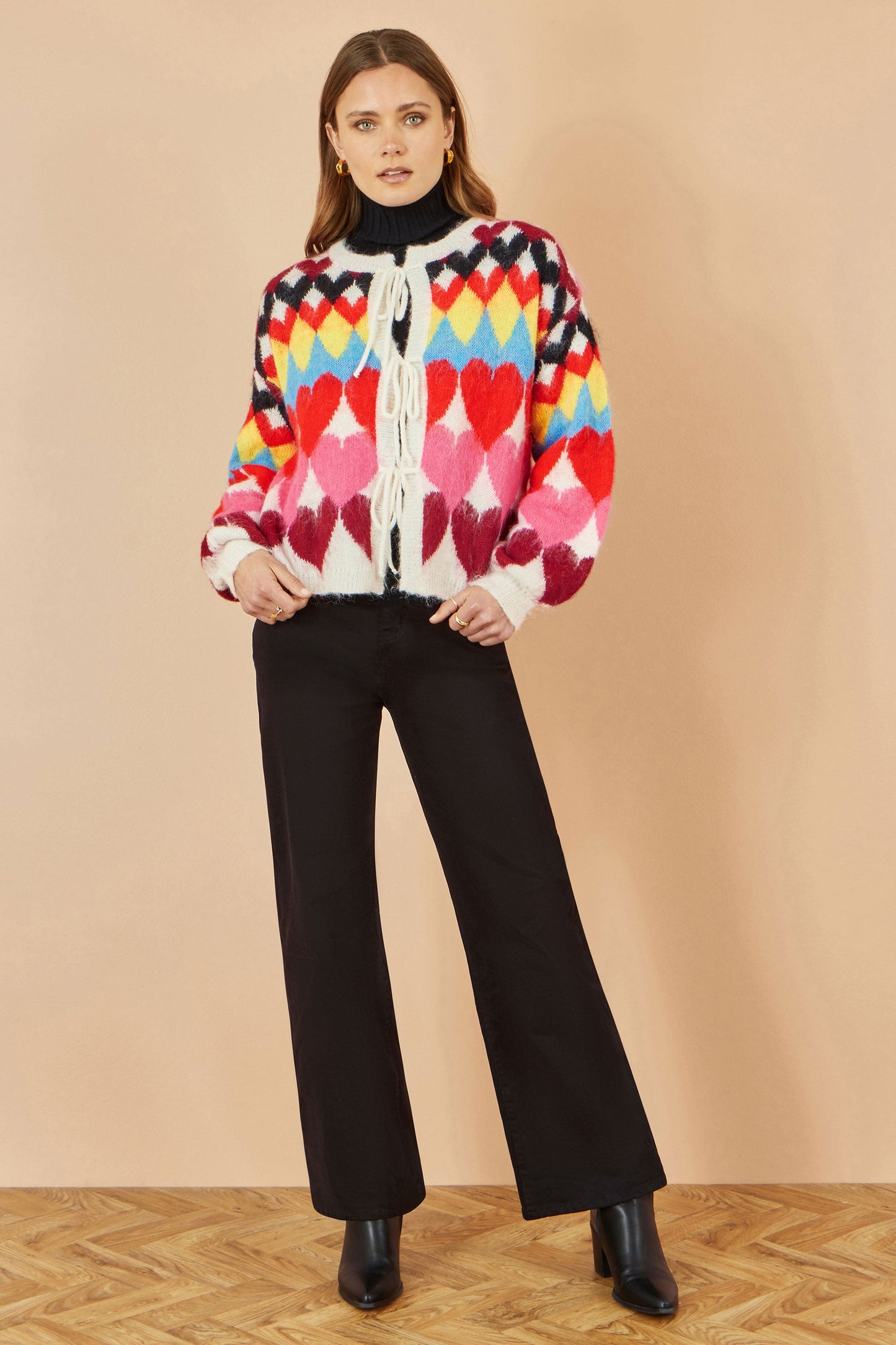Yumi Multicolour Tie Front Heart Intarsia Cardigan