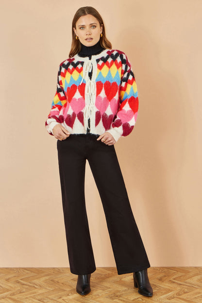 Yumi Multicolour Tie Front Heart Intarsia Cardigan