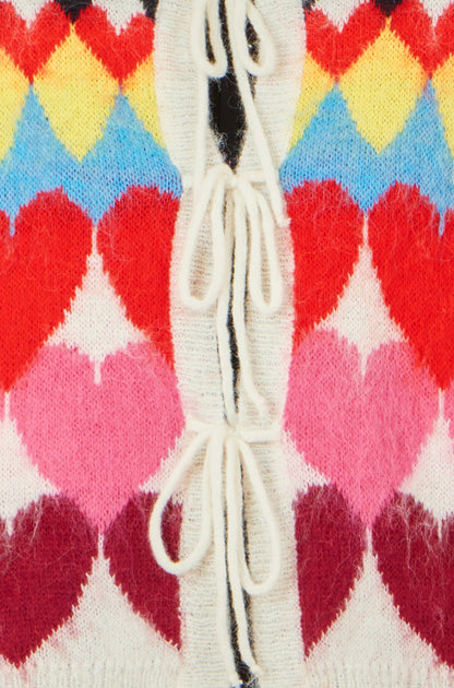 Yumi Multicolour Tie Front Heart Intarsia Cardigan