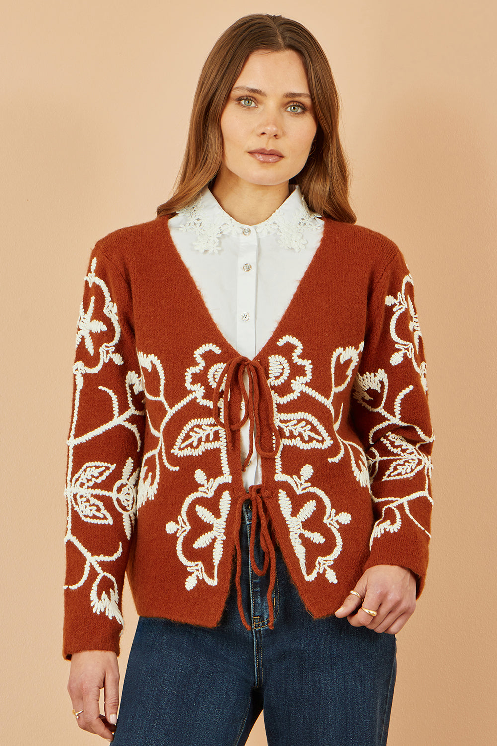 Yumi Brown Folk Embroidered Tie Front Cardigan