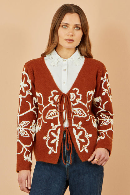 Yumi Brown Folk Embroidered Tie Front Cardigan