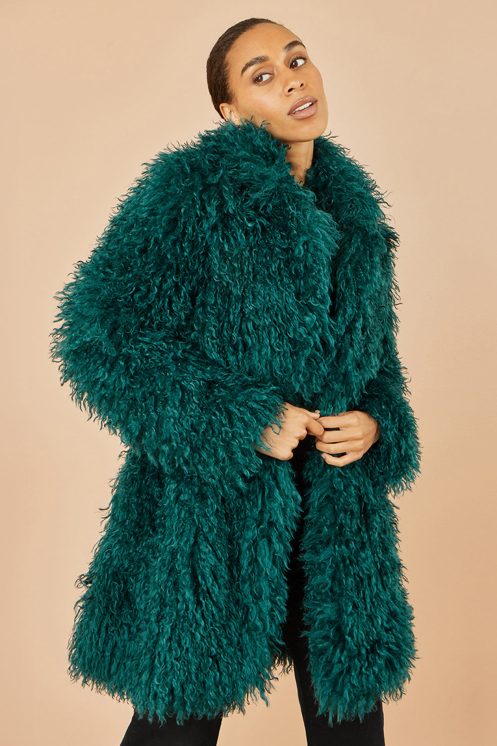 Yumi Teal Luxe Long Hair Fur Coat