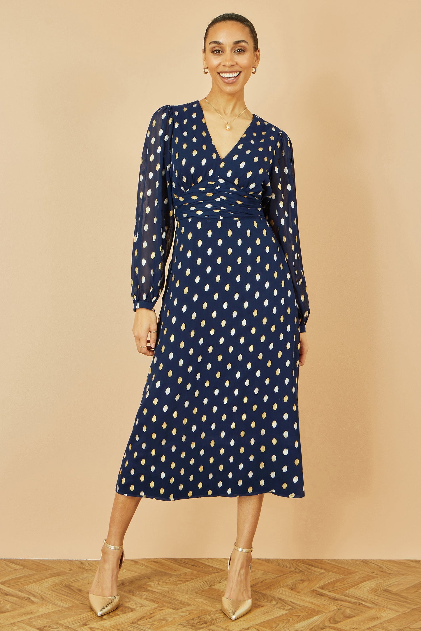 Yumi Navy Foil Print Midi Dress
