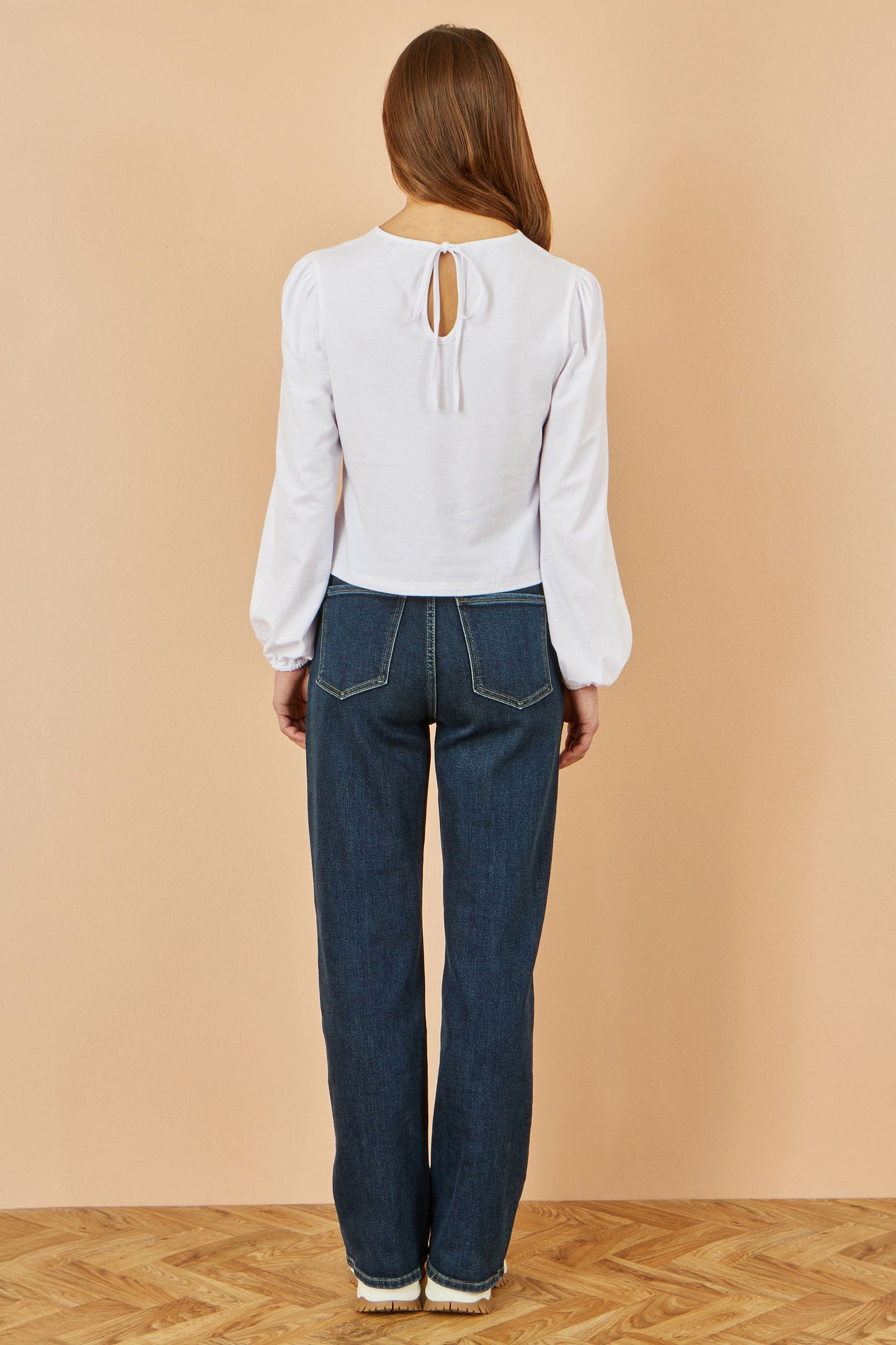 Yumi White Stretch Cotton Jersey Long Sleeve Top