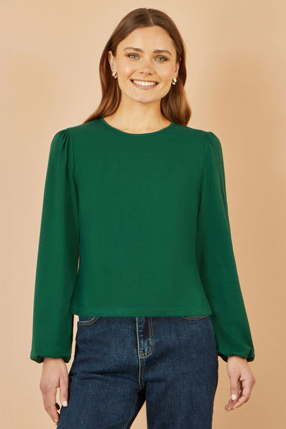 Yumi Green Stretch Cotton Jersey Long Sleeve Top