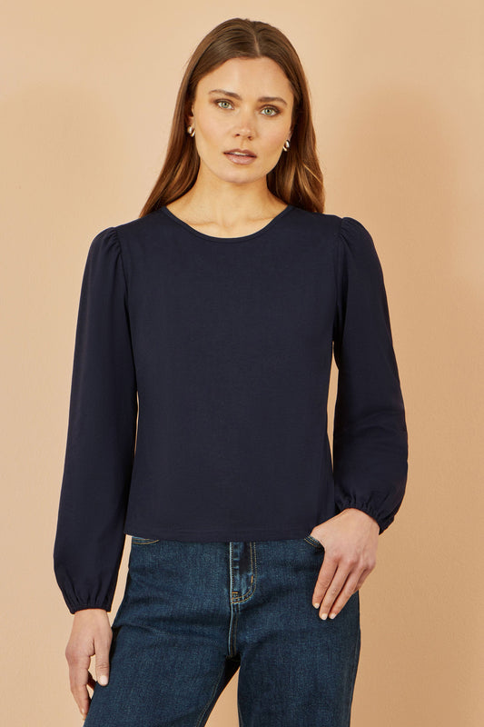 Yumi Navy Stretch Cotton Jersey Long Sleeve Top