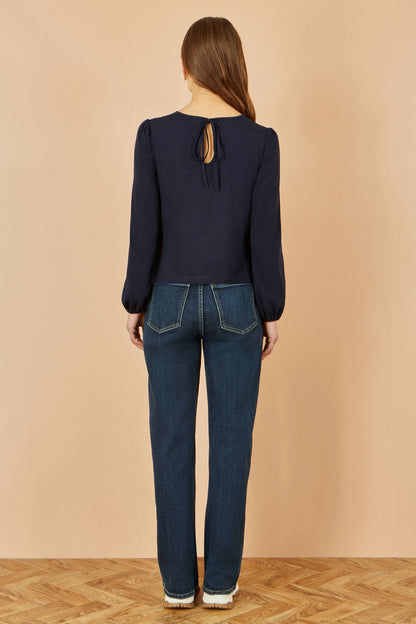 Yumi Navy Stretch Cotton Jersey Long Sleeve Top