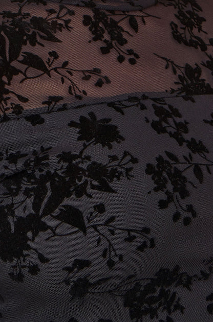 Yumi Black Flocked Floral Stretch Mesh Top With Long Sleeves