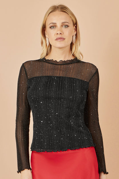 Yumi Black Sparkle Print Mesh Stretch Fitted Top