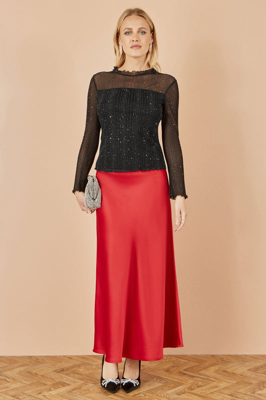 Yumi Black Sparkle Print Mesh Stretch Fitted Top