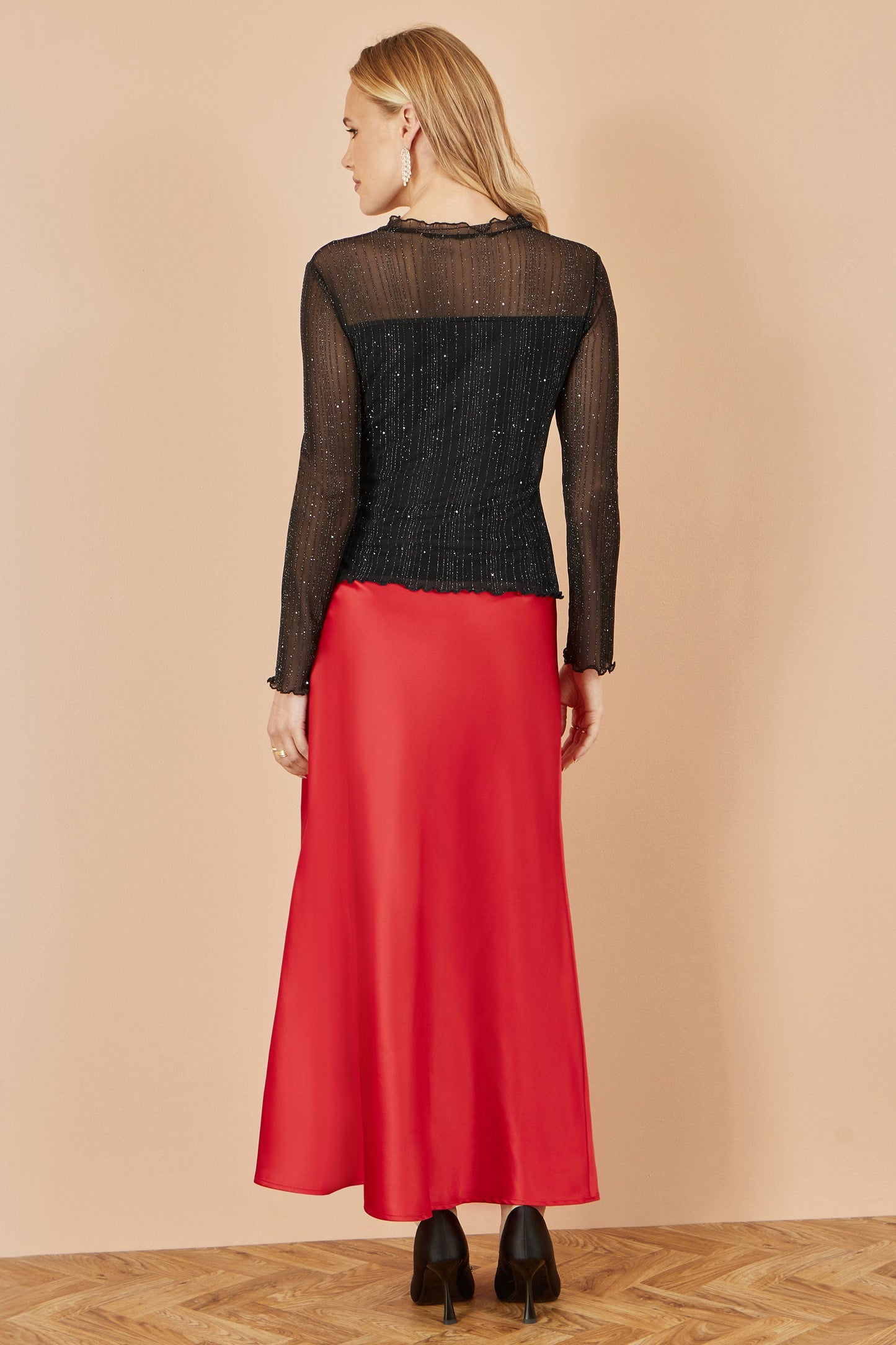 Yumi Black Sparkle Print Mesh Stretch Fitted Top