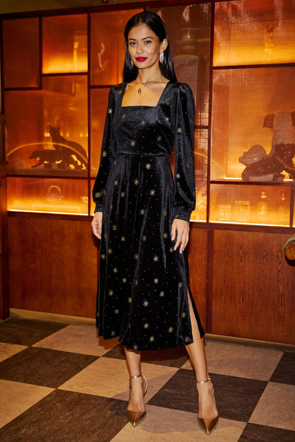 Yumi Black Velvet Midi Dress With Starburst Foil Print
