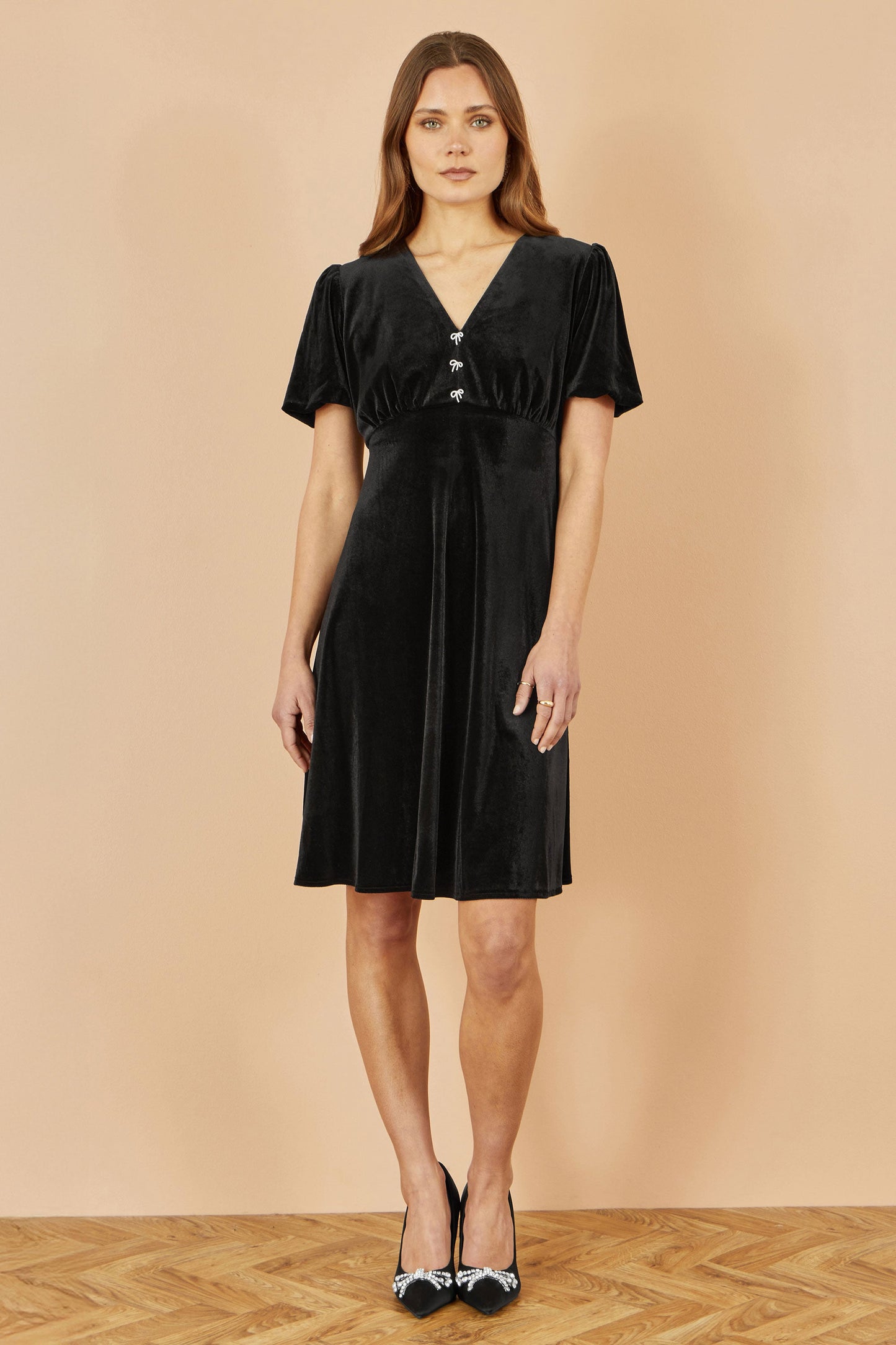 Yumi Black Velvet Skater Dress With Dimante Bow Detail