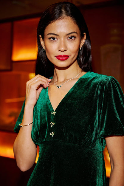 Yumi Green Velvet Skater Dress With Dimante Bow Detail
