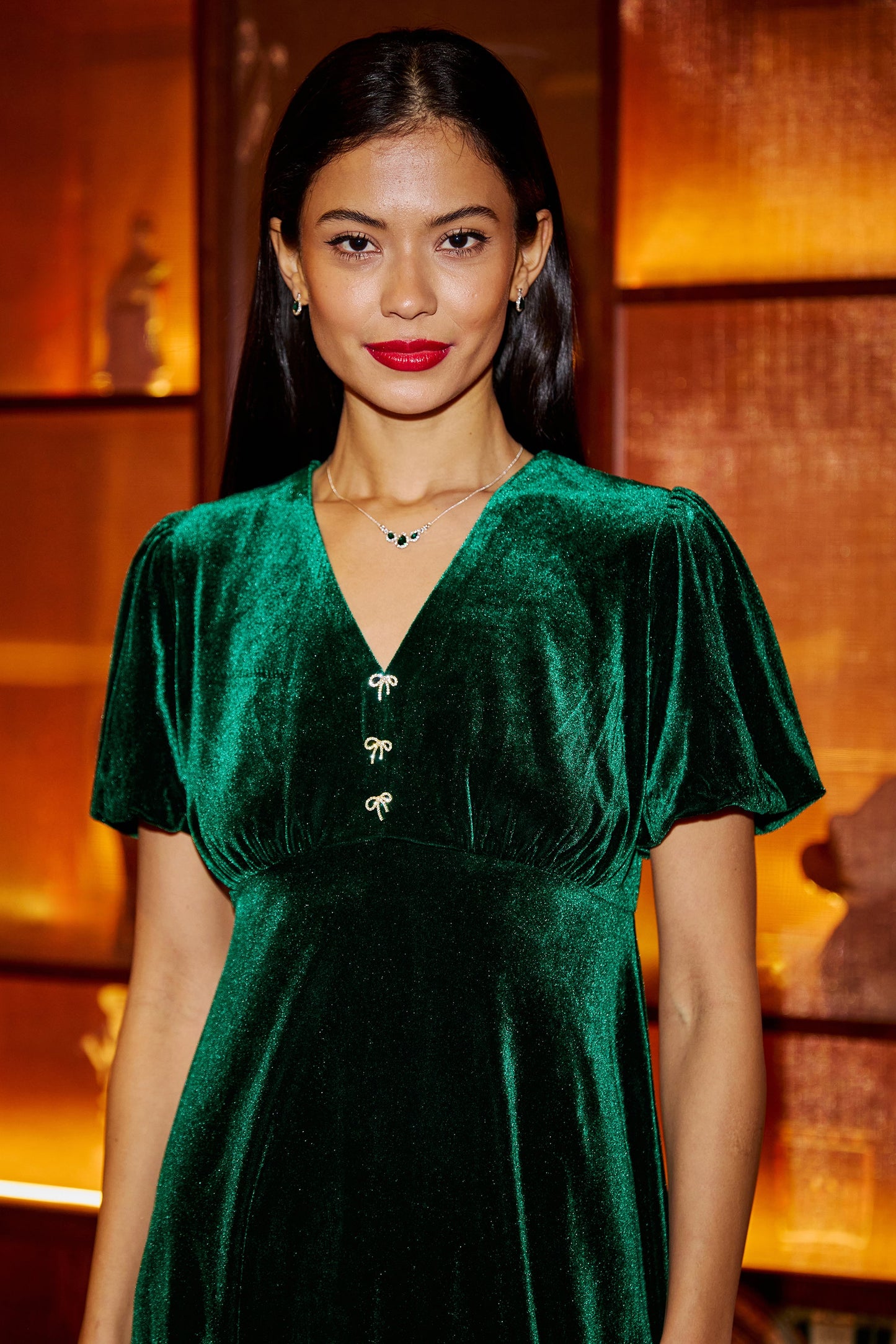 Yumi Green Velvet Skater Dress With Dimante Bow Detail