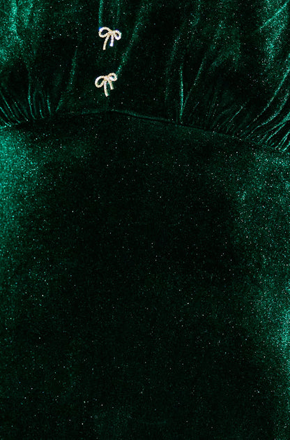Yumi Green Velvet Skater Dress With Dimante Bow Detail