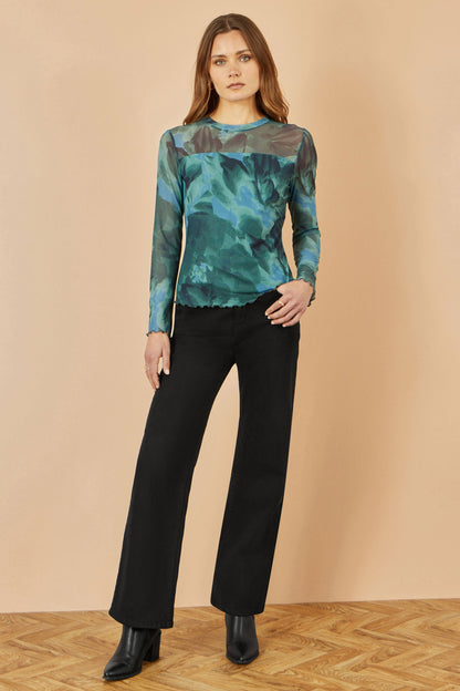 Yumi Green Floral Mesh Top