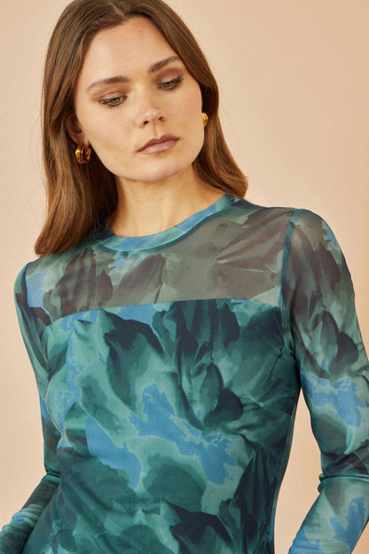 Yumi Green Floral Mesh Top