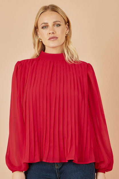 Yumi Red Pleated Long Sleeve Top With High Neck
