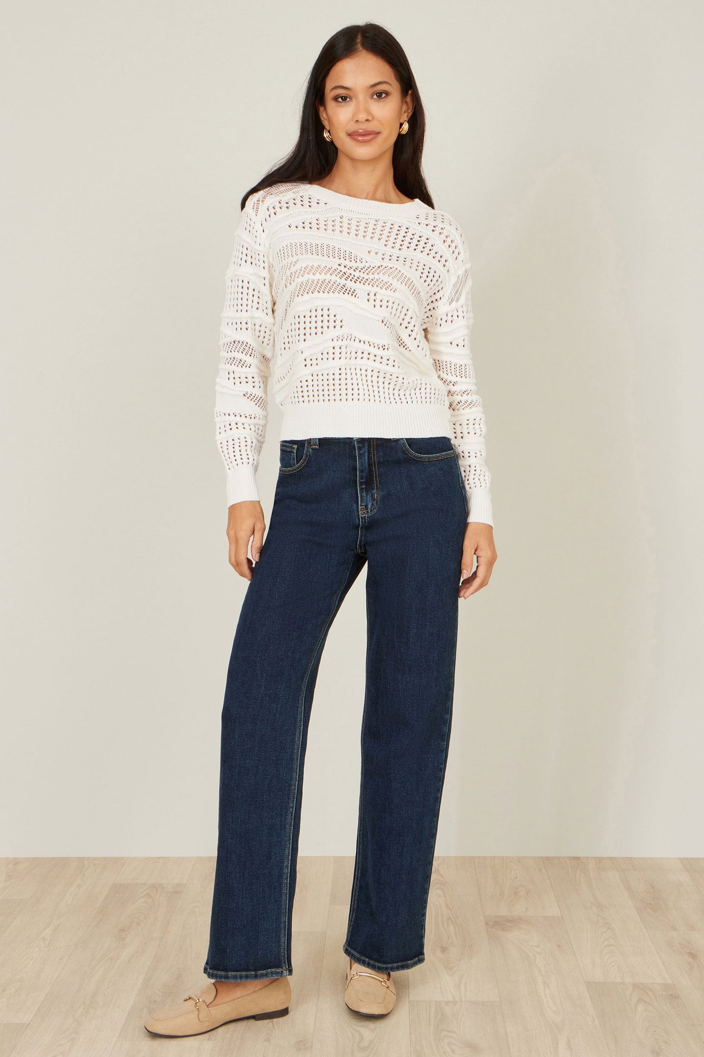 Yumi White Wave Pointelle Knitted Jumper