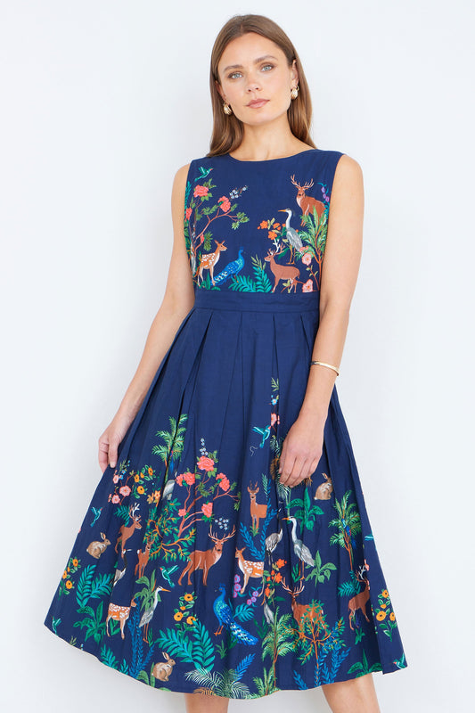Yumi Navy Woodland Animal Print Cotton Midi Skater Dress