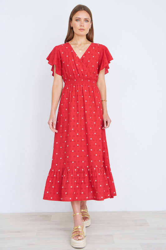 Yumi Red Broderie Anglaise Wrap Midi Dress With Flower Embroidery