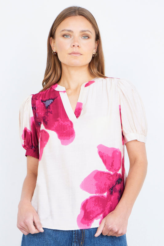 Yumi Pink Watercolour Viscose Floral Top