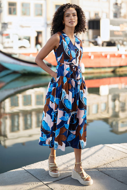 Yumi Blue Cotton Floral Abstract Dropped Waist Midi Dress
