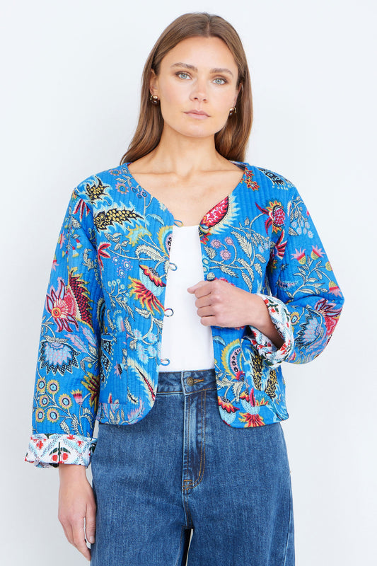 Yumi Blue Boho Print Cotton Reversible Quilted Jacket