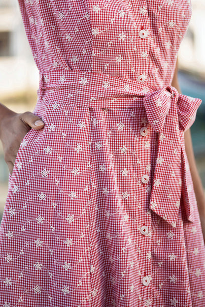 Yumi Red Broderie Anglaise Embroidered Sleeveless Shirt Dress