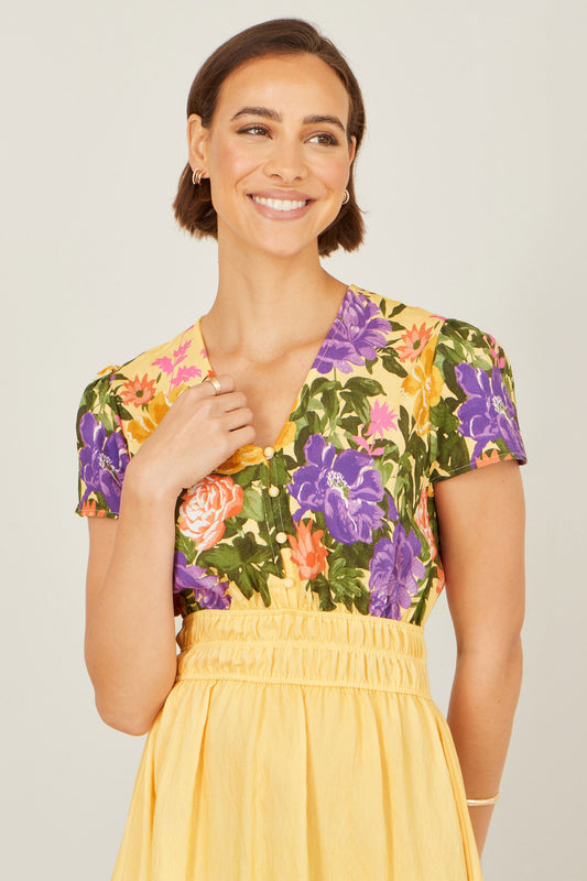 Yumi Butter Yellow Floral Mirror Print Viscose Midi Dress