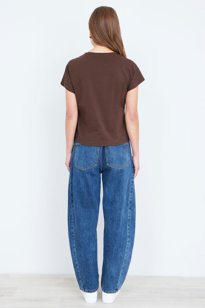 Yumi Brown Cotton Jersey Top With Knot Detail