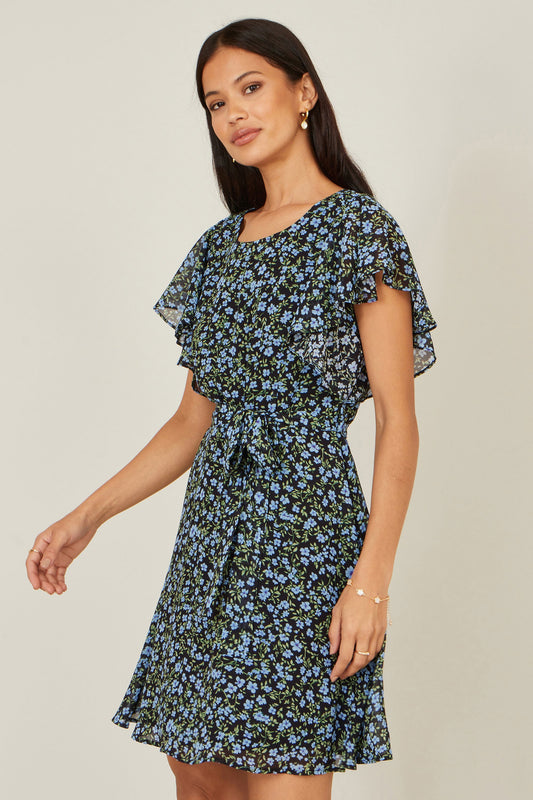 Yumi Blue Ditsy Print Floral Skater Dress