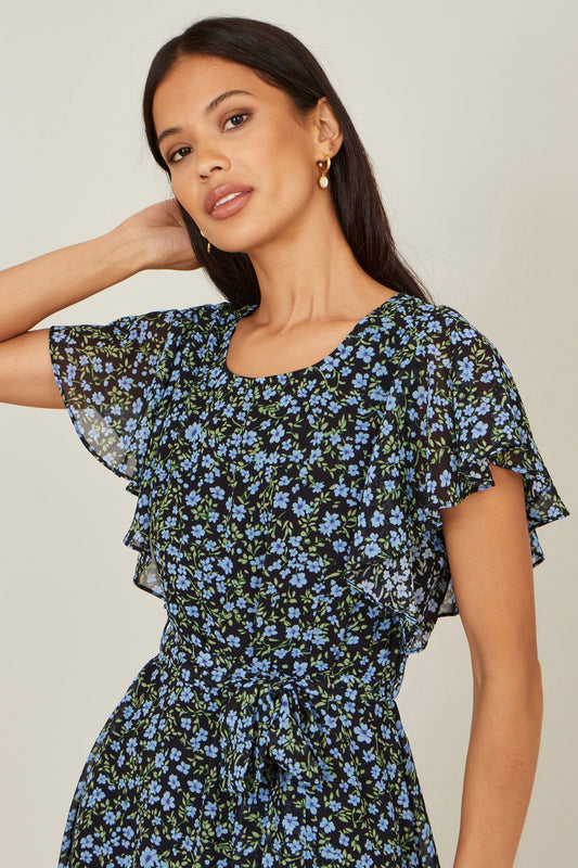 Yumi Blue Ditsy Print Floral Skater Dress