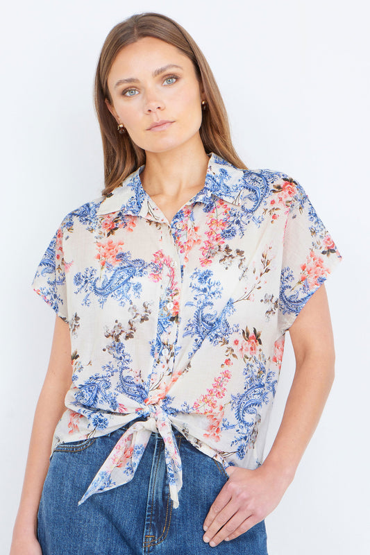 Yumi White Cotton Paisley Print Tie Knot Shirt