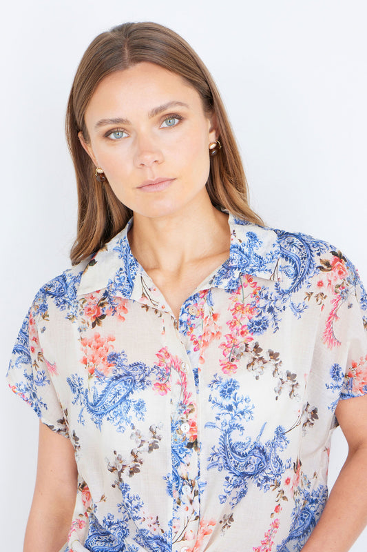 Yumi White Cotton Paisley Print Tie Knot Shirt