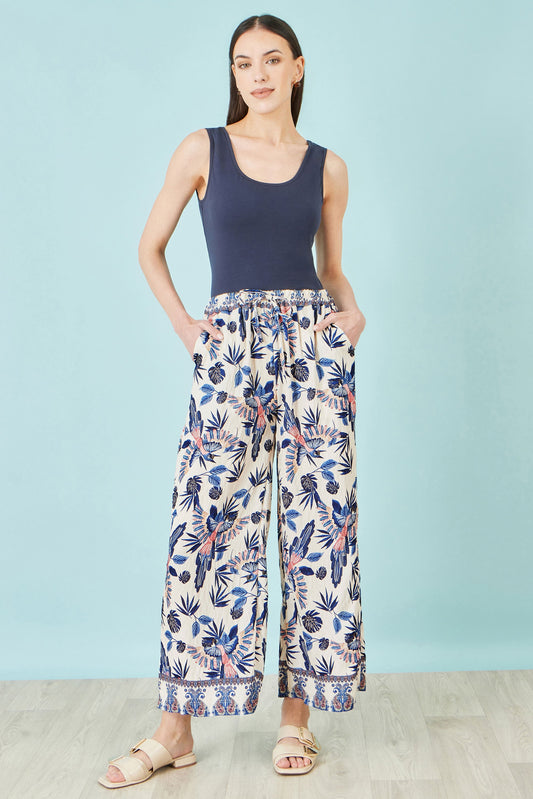 Yumi Blue Bird Print Viscose Wide Leg Trousers