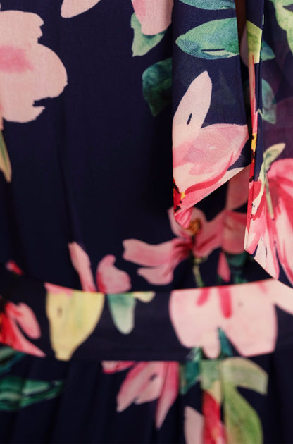 Yumi Navy Floral Halter Neck Midi Dress With Matching Belt