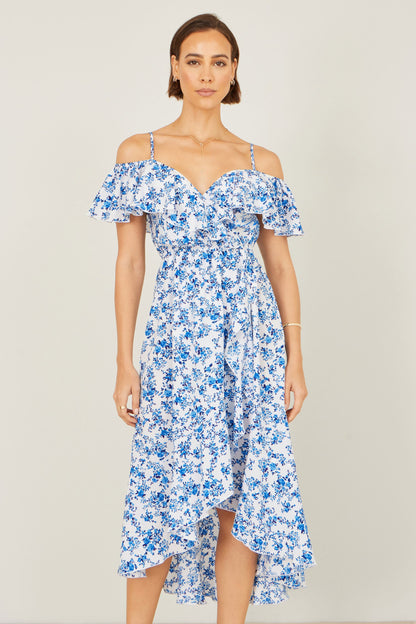 Yumi Blue Floral Print Bardot Midi Dress With Dip Hem