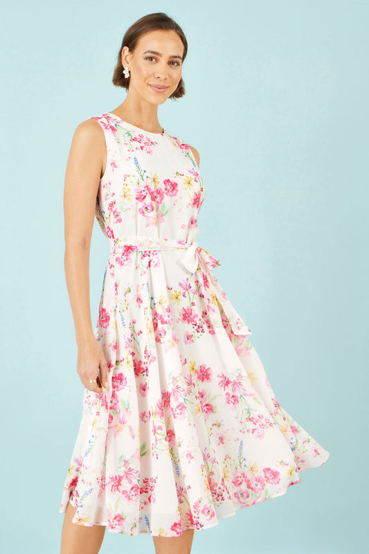 Yumi White Delicate Floral Midi Skater Dress
