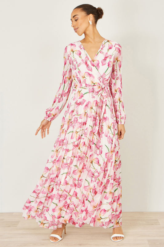 Yumi White Orchid Floral Pleated Wrap Maxi Dress