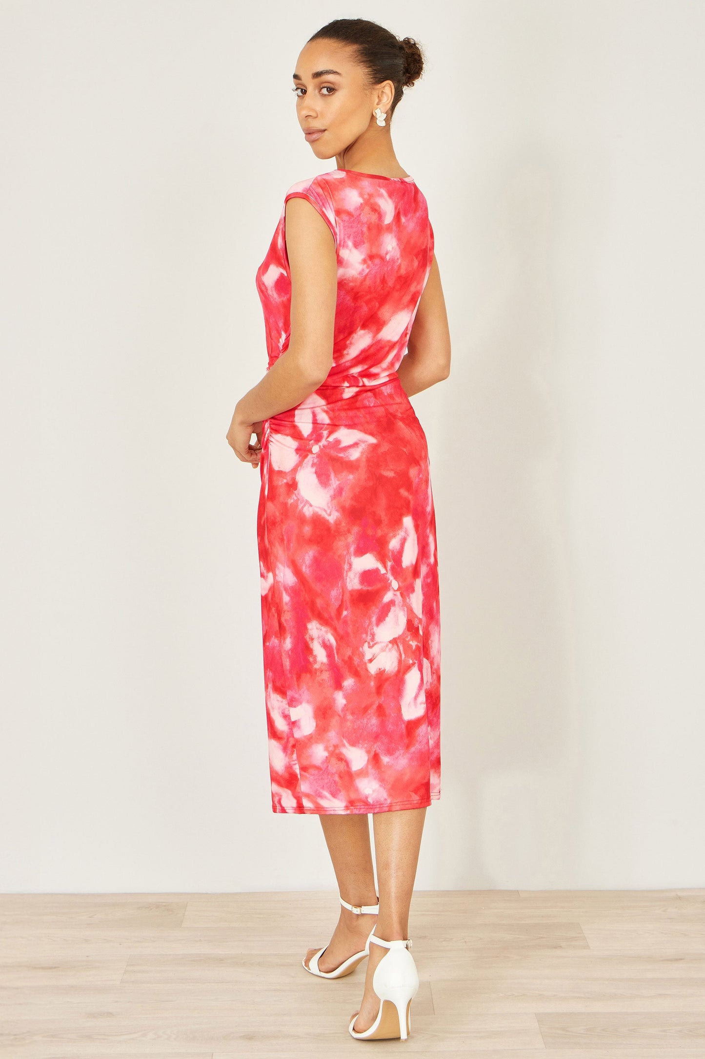 Yumi Red  Mesh Ruched Bodycon Midi Dress