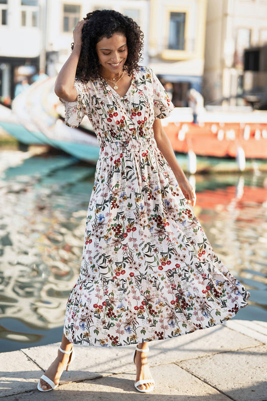 Yumi Ivory Botanical Print Viscose Midi Dress