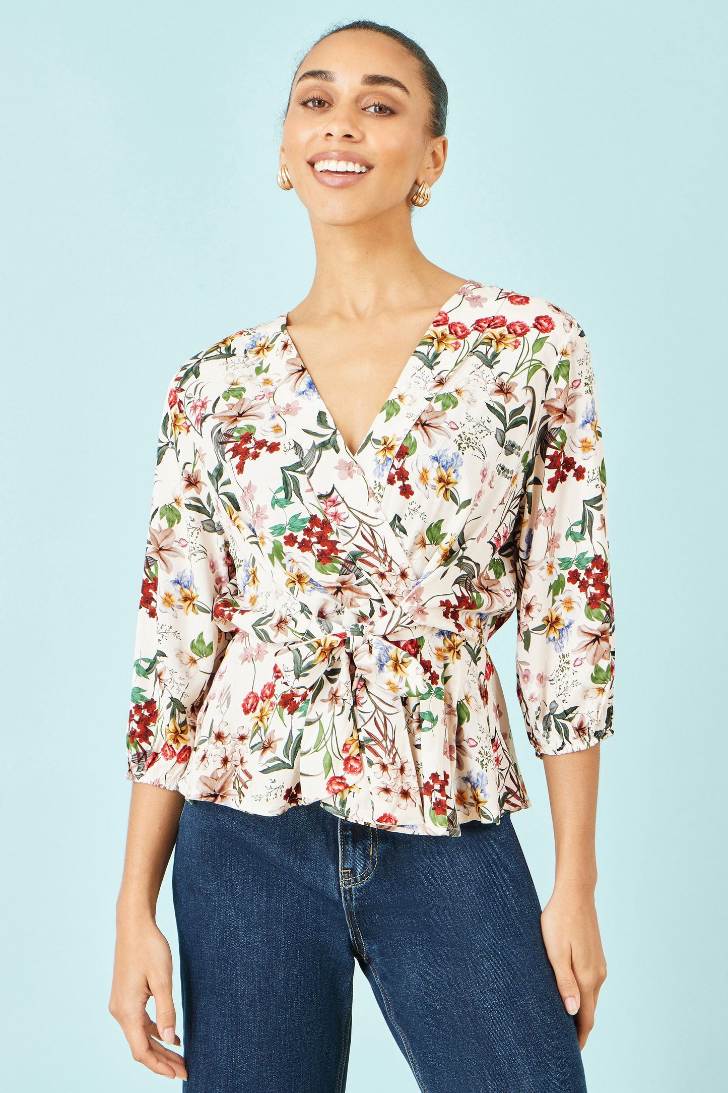 Yumi Ivory Viscose Botanical Print Wrap Top