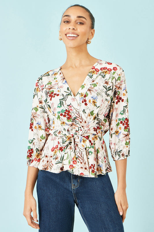 Yumi Ivory Viscose Botanical Print Wrap Top