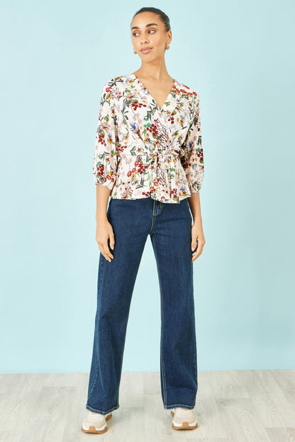 Yumi Ivory Viscose Botanical Print Wrap Top