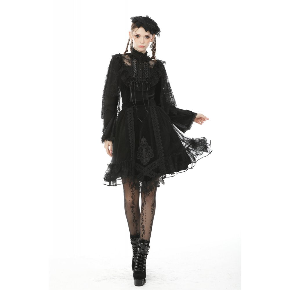 Dark in Love Melisandre Embroidered Velvet Mesh Goth Skirt in Black