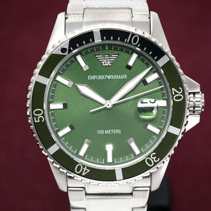 Emporio Armani AR11338 Men's Green Dial Diver Stainless Steel Watch